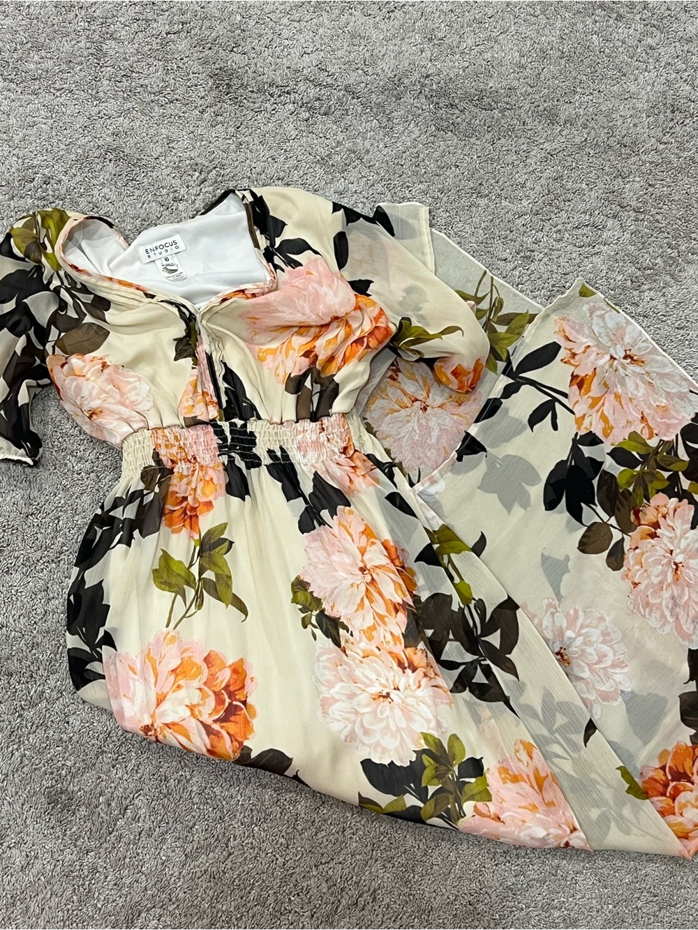 Sheer Floral Smocked Waist Maxi Dress - Cream, Peach & Olive